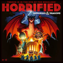 Load image into Gallery viewer, Cover of 'Horrified' Dungeons & Dragons game with a dragon and characters in front of a castle.
