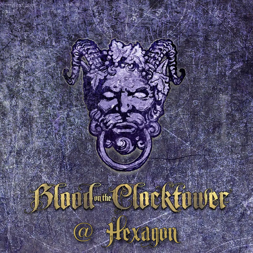 Decorative logo with a face design and text 'Blood at the Clocktower @ Hexagon' on a textured dark background.