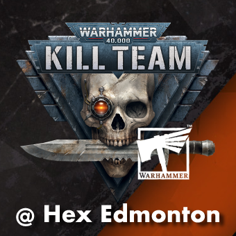 Warhammer 40,000 Kill Team logo with a skull and knife on a dark background.