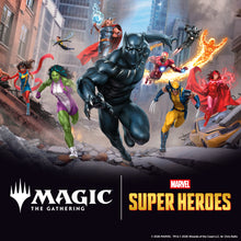 Load image into Gallery viewer, Superheroes from Marvel and Magic: The Gathering in a city street with logos at the bottom.
