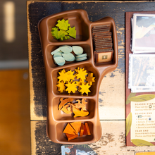 Load image into Gallery viewer, Brown divided tray with colorful wooden pieces on a wooden surface
