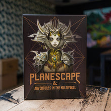 Load image into Gallery viewer, A boxed card game or board game titled "PLANESCAPE &amp; ADVENTURES IN THE MULTIVERSE" stands upright on a rustic wooden table. The front cover features an illustrated fantasy character with metallic armor and geometric line art on a dark background.

