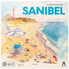 Load image into Gallery viewer, Board game box for 'Sanibel' by Elizabeth Hargrave with a beach scene illustration.
