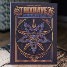 Load image into Gallery viewer, The front cover of the Dungeons &amp; Dragons Strixhaven: A Curriculum of Chaos book is shown standing upright on a rustic wooden surface with a blurred background.
