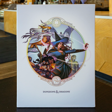 Load image into Gallery viewer, A white Dungeons &amp; Dragons box standing upright on a dark tabletop, featuring a large circular fantasy illustration with a wizard, dragon, and other characters, and the Dungeons &amp; Dragons logo printed below.
