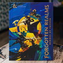 Load image into Gallery viewer, A boxed board game expansion titled "Forgotten Realms: Heroes of Faerûn" by &amp; Player Expansion, shown standing upright on a rustic wooden surface with a blurred dark background.
