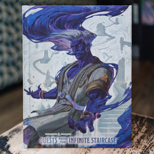 Load image into Gallery viewer, A hardcover book titled 'Dungeons &amp; Dragons: Quests from the Infinite Staircase' featuring a stylized illustration of a blue-skinned character with flowing dark blue hair on a light background.
