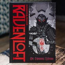 Load image into Gallery viewer, A hardcover book titled 'Ravenloft: The Horror's Hound' for Dungeons &amp; Dragons, featuring a black cover with a stylized gray and white monster illustration and bold red title text, photographed on a tabletop.
